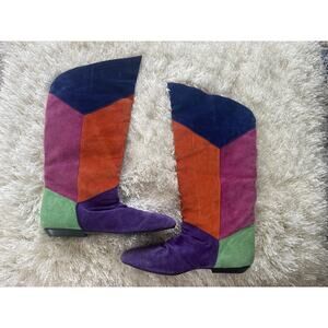 Passports Colorblock Suede Boots | Sz 6 | Vintage 80s Multicolor Statement Boots